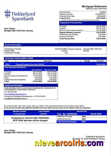 Norway Flekkefjord Sparebank mortgage statement Word and PDF template